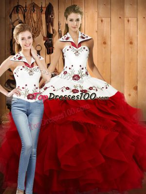 Halter Top Sleeveless Sweet 16 Dress Floor Length Embroidery and Ruffles Wine Red Satin and Organza