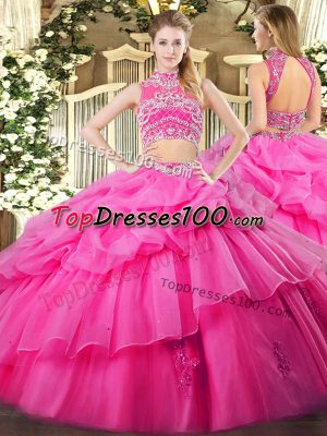 Hot Pink Sleeveless Floor Length Beading and Ruffles and Pick Ups Backless 15th Birthday Dress