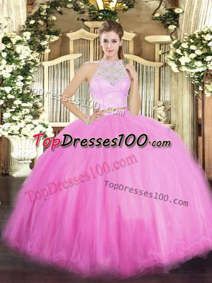 Luxury Sleeveless Floor Length Lace Zipper Quince Ball Gowns with Rose Pink