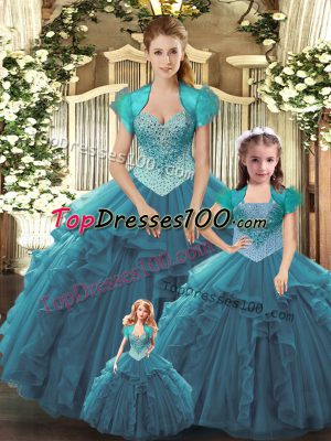 Teal Sleeveless Beading and Ruffles Floor Length Sweet 16 Dresses