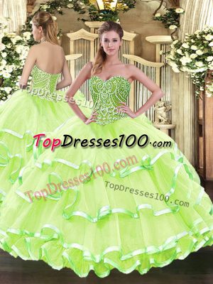 Decent Yellow Green Ball Gowns Beading and Ruffled Layers Quinceanera Gown Lace Up Tulle Sleeveless Floor Length