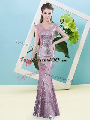 Designer Lilac Sequined Zipper Evening Dress Cap Sleeves Floor Length Sequins