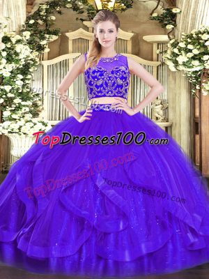 Romantic Purple Tulle Zipper Scoop Sleeveless Floor Length Sweet 16 Dress Beading and Ruffles
