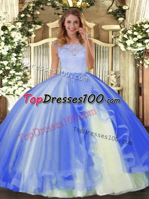 Custom Fit Blue Sleeveless Lace and Ruffles Floor Length Ball Gown Prom Dress