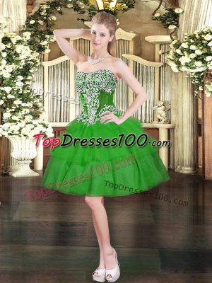 Green Organza Lace Up Prom Evening Gown Sleeveless Mini Length Beading and Ruffled Layers