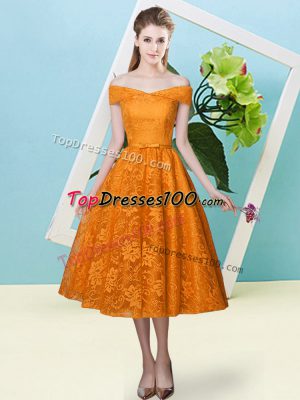 Enchanting Orange Red Off The Shoulder Lace Up Bowknot Bridesmaid Dress Cap Sleeves