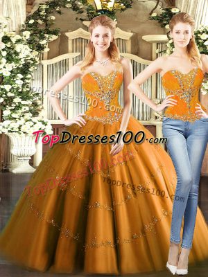 Suitable Orange Red Lace Up Sweetheart Beading Ball Gown Prom Dress Tulle Sleeveless