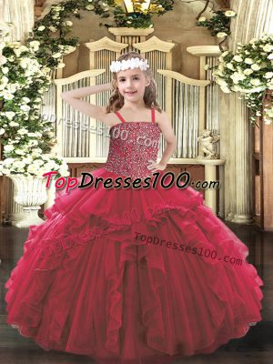 Red Ball Gowns Tulle Straps Sleeveless Beading and Ruffles Floor Length Lace Up Pageant Gowns For Girls