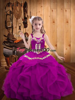 High Quality Fuchsia Ball Gowns Straps Sleeveless Organza Floor Length Lace Up Embroidery and Ruffles Casual Dresses