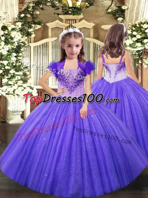 Custom Design Floor Length Lavender Little Girls Pageant Dress Tulle Sleeveless Beading