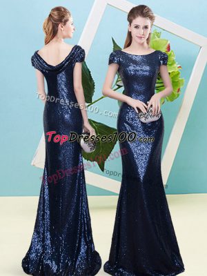 Noble Navy Blue Sequined Zipper Prom Evening Gown Cap Sleeves Floor Length Sequins
