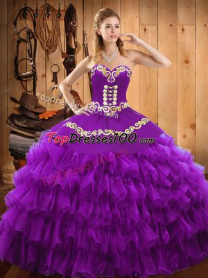 Edgy Sweetheart Sleeveless Satin and Organza Sweet 16 Dress Embroidery and Ruffled Layers Lace Up