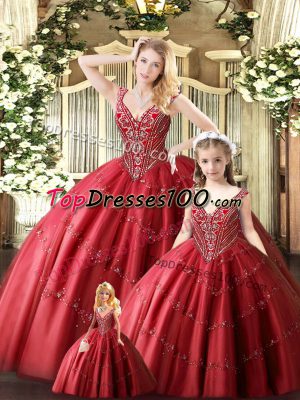 Sweet Red Ball Gown Prom Dress Military Ball and Sweet 16 and Quinceanera with Beading Straps Sleeveless Lace Up