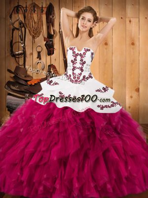 Fuchsia Lace Up Vestidos de Quinceanera Embroidery and Ruffles Sleeveless Floor Length