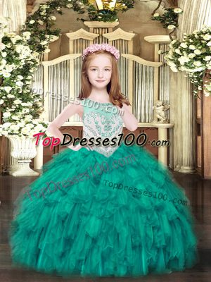 Scoop Sleeveless Teens Party Dress Floor Length Beading and Ruffles Turquoise Organza