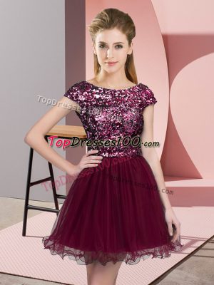 Scoop Cap Sleeves Zipper Vestidos de Damas Burgundy Tulle