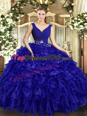Fashionable Royal Blue Sleeveless Floor Length Beading and Ruffles Backless Sweet 16 Dress
