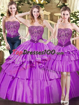 Delicate Eggplant Purple Sweet 16 Dresses Military Ball and Sweet 16 and Quinceanera with Beading and Ruffled Layers Strapless Sleeveless Lace Up