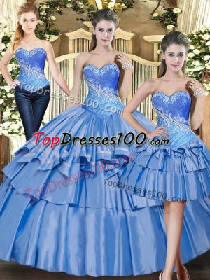 Baby Blue Sleeveless Beading and Ruffled Layers Floor Length Quinceanera Dress