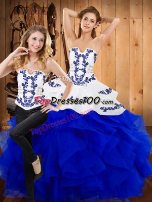 Blue Lace Up 15 Quinceanera Dress Embroidery and Ruffles Sleeveless Floor Length