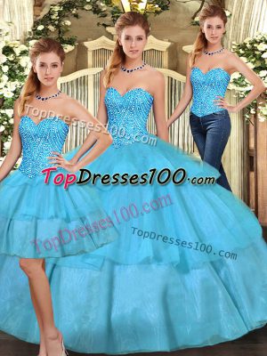 Aqua Blue Three Pieces Organza Sweetheart Sleeveless Beading and Ruffled Layers Floor Length Lace Up Sweet 16 Quinceanera Dress
