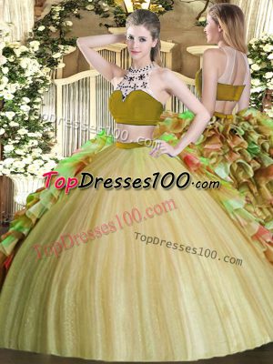 Vintage Olive Green Tulle Backless Bateau Sleeveless Floor Length 15 Quinceanera Dress Beading and Ruffles