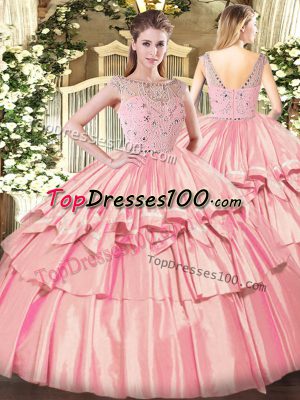Beading and Ruffled Layers Vestidos de Quinceanera Rose Pink Zipper Sleeveless Floor Length