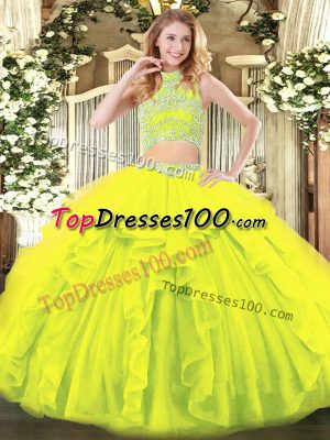 Fitting Yellow Green Two Pieces High-neck Sleeveless Tulle Floor Length Backless Beading and Ruffles 15th Birthday Dress