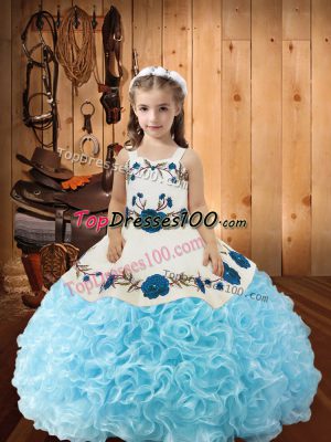 Baby Blue Ball Gowns Fabric With Rolling Flowers Straps Sleeveless Beading and Ruffles Floor Length Lace Up Pageant Dress Toddler