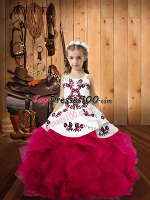 Enchanting Fuchsia Pageant Dress Sweet 16 and Quinceanera with Embroidery and Ruffles Straps Sleeveless Lace Up