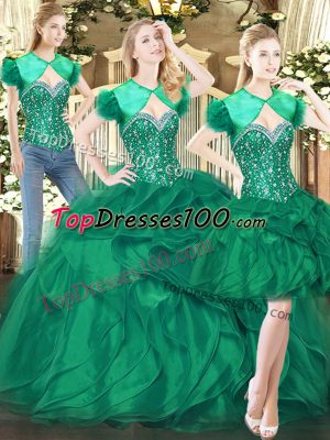 High Class Beading and Ruffles Quinceanera Dress Dark Green Lace Up Sleeveless Floor Length