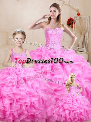 Rose Pink Ball Gowns Sweetheart Sleeveless Organza Floor Length Lace Up Beading and Ruffles Sweet 16 Quinceanera Dress