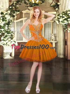 Edgy Sweetheart Sleeveless Dress for Prom Mini Length Beading Orange Tulle