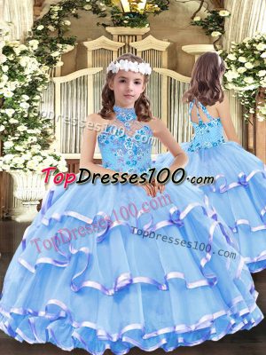 High-neck Sleeveless Lace Up Pageant Dress for Teens Baby Blue Organza