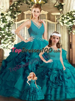 Teal Ball Gowns Ruffles Vestidos de Quinceanera Backless Organza Sleeveless