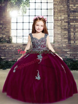 High Class Spaghetti Straps Sleeveless Little Girl Pageant Dress Floor Length Appliques Fuchsia Tulle