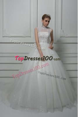 High-neck Sleeveless Tulle Wedding Gowns Beading and Lace and Bowknot Brush Train Lace Up