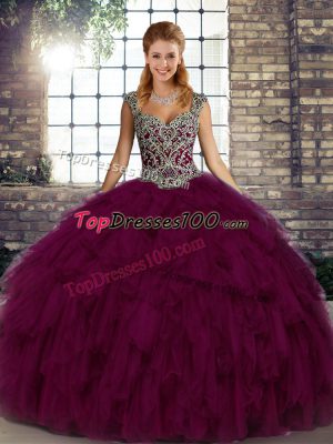 Floor Length Lace Up Quinceanera Dress Dark Purple for Military Ball and Sweet 16 and Quinceanera with Beading and Ruffles