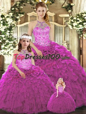 Simple Ball Gowns Ball Gown Prom Dress Fuchsia Halter Top Organza Sleeveless Floor Length Lace Up