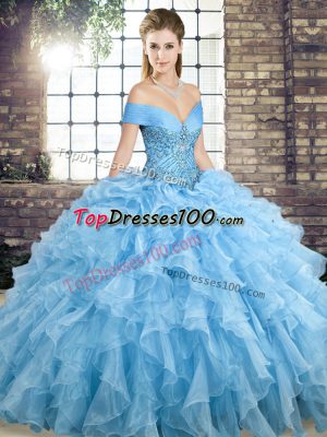 Organza Sleeveless Ball Gown Prom Dress Brush Train and Beading and Ruffles