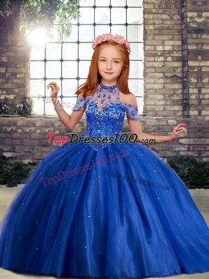 Royal Blue High-neck Lace Up Beading and Ruffles Little Girl Pageant Gowns Sleeveless