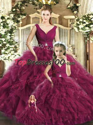 Burgundy Sleeveless Floor Length Beading and Ruffles Backless Ball Gown Prom Dress