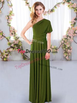 Floor Length Criss Cross Quinceanera Dama Dress Olive Green for Wedding Party with Ruching