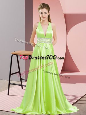 New Arrival V-neck Sleeveless Elastic Woven Satin Dress for Prom Beading Brush Train Backless