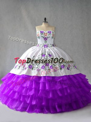 White And Purple Sleeveless Organza Lace Up Quinceanera Dress for Sweet 16 and Quinceanera