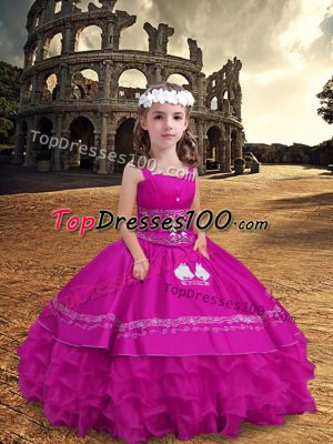 Inexpensive Fuchsia Ball Gowns Straps Sleeveless Satin and Organza Floor Length Zipper Embroidery and Ruffled Layers Little Girls Pageant Dress