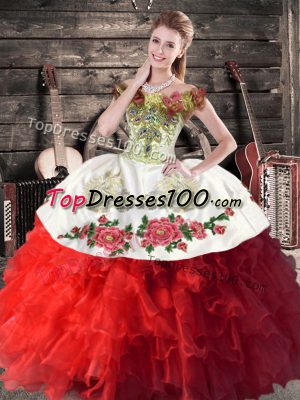 Off The Shoulder Sleeveless Organza Sweet 16 Quinceanera Dress Embroidery and Ruffles Lace Up