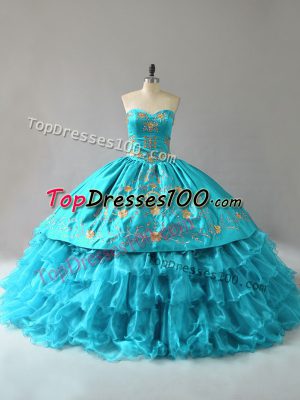 Sleeveless Floor Length Embroidery and Ruffles Lace Up Sweet 16 Dresses with Aqua Blue