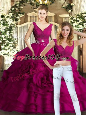 Super Beading and Ruffles Sweet 16 Dress Fuchsia Backless Sleeveless Floor Length
