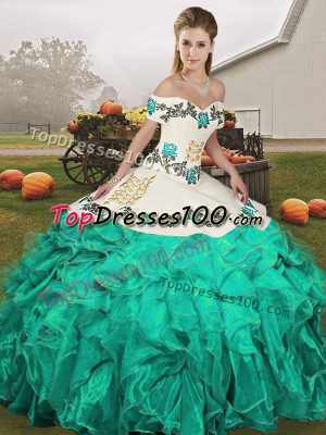 Exquisite Turquoise Organza Lace Up Quinceanera Gowns Sleeveless Floor Length Embroidery and Ruffles